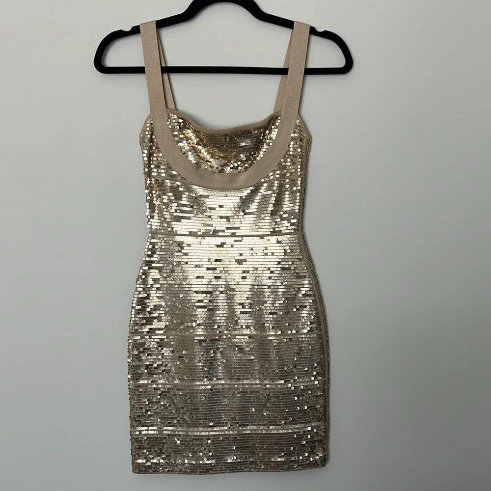 COPY - Herve Leger Antique Gold Sequin Bodycon Dress - Picture 2 of 5